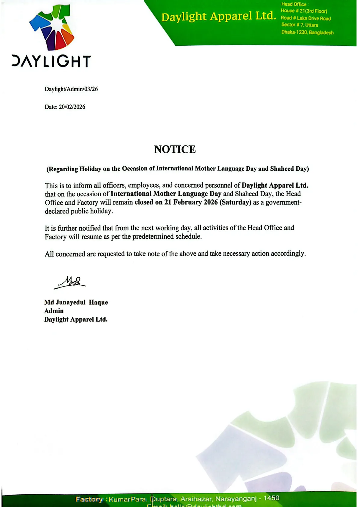 Holiday Notice: International Mother Language Day & Martyrs’ Day 2026