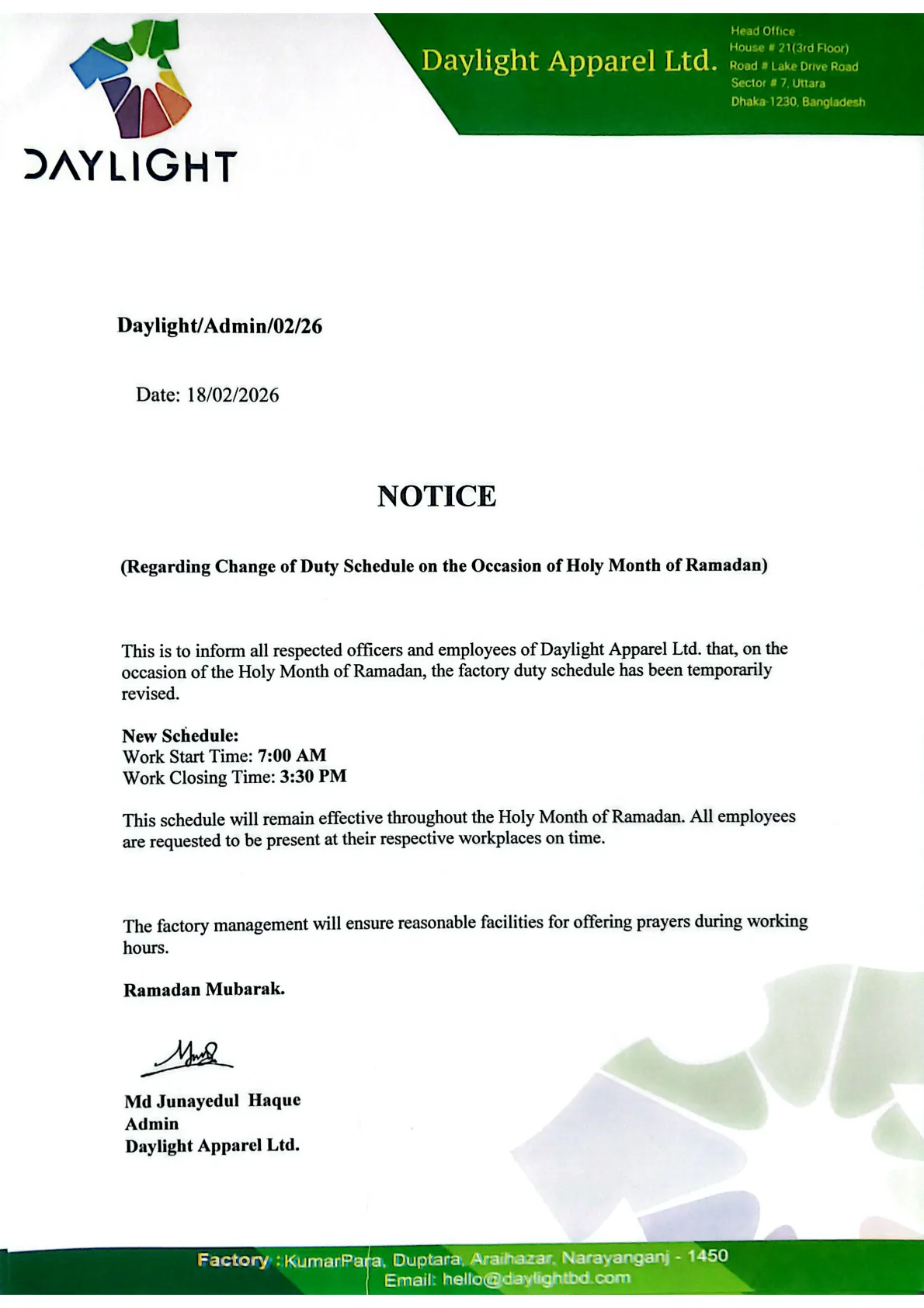 Notice: Revised Factory Working Hours for the Holy Month of Ramadan