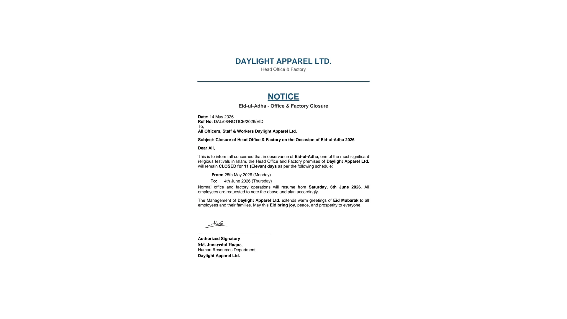 Eid-ul-Adha – Head Office Closure