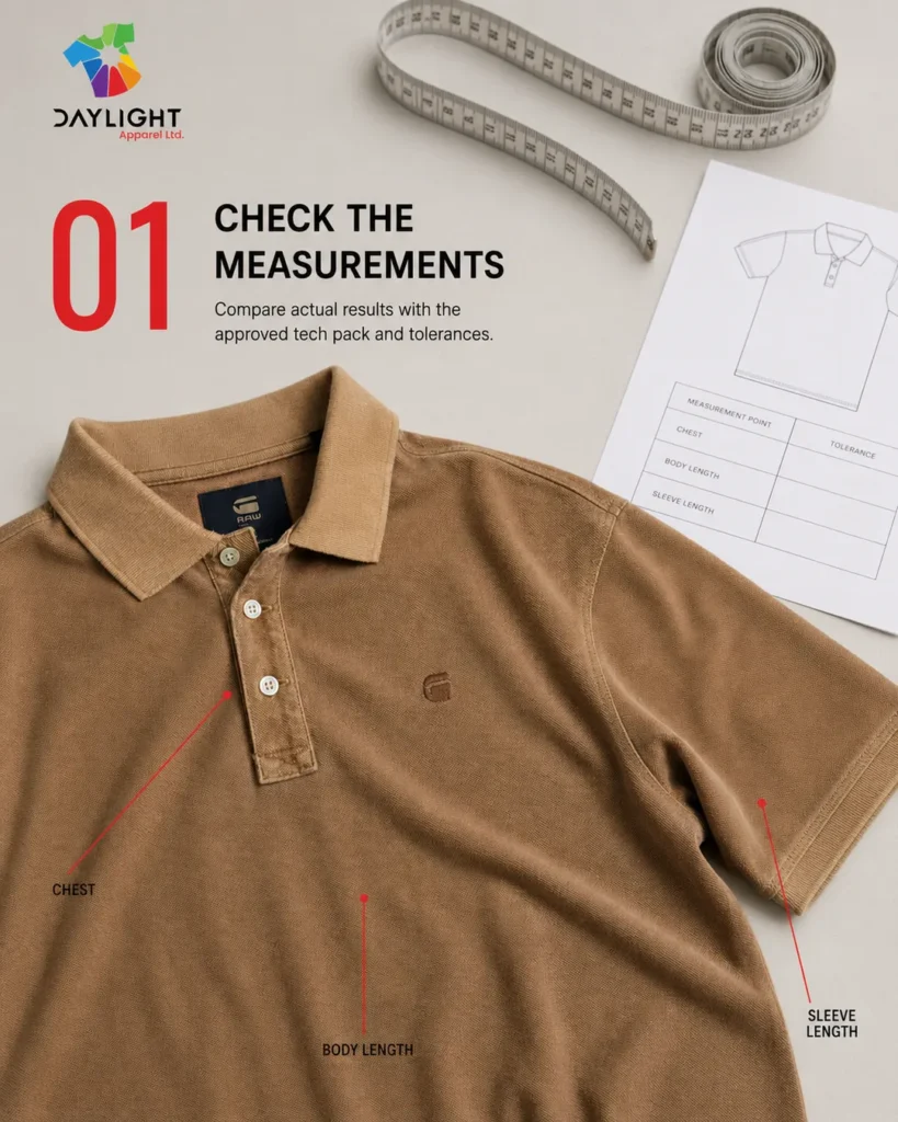 Polo shirt sample approval measurement check using a tech pack