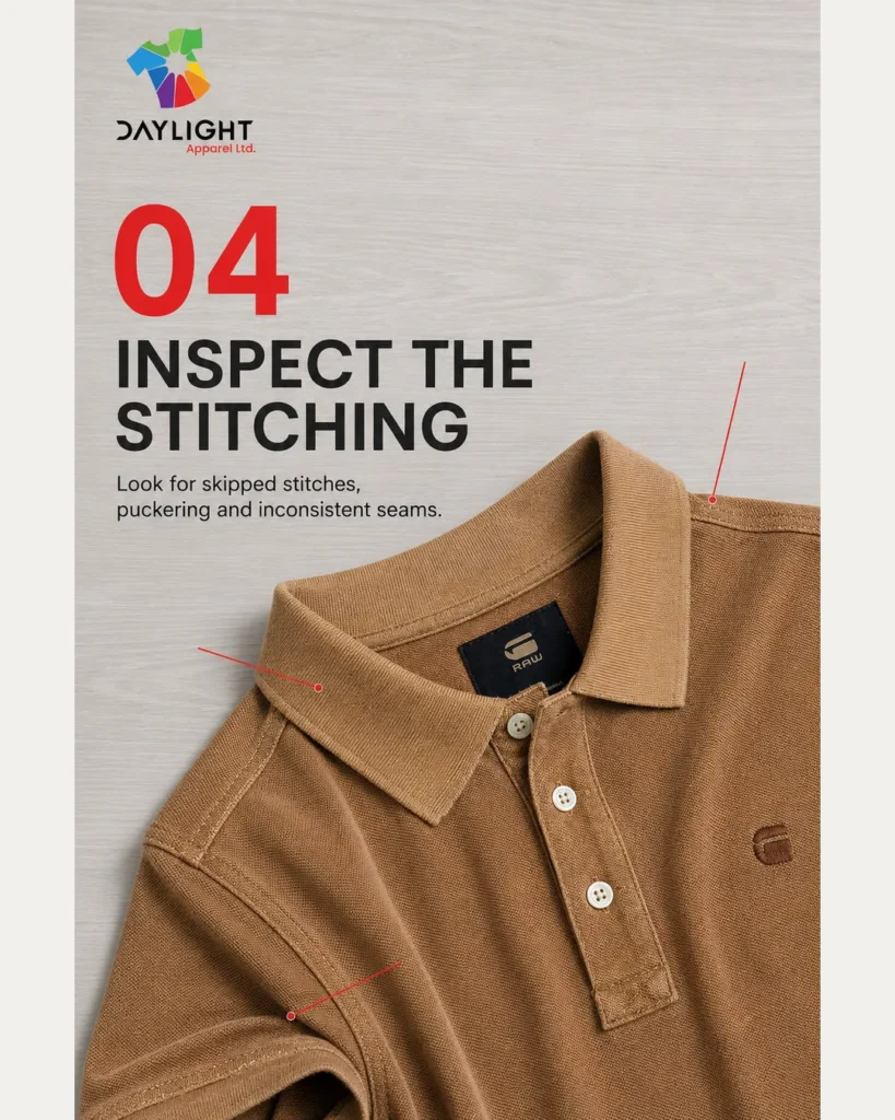 Inspecting polo shirt stitching seams and puckering