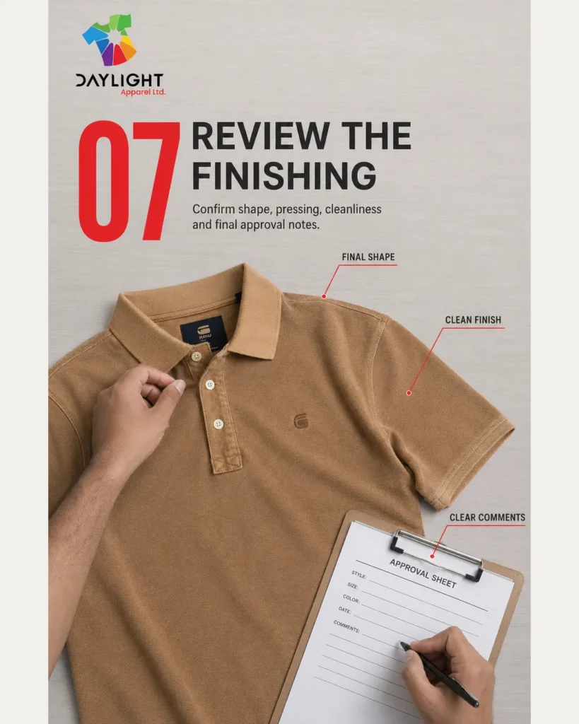 Polo shirt sample approval finishing and final quality inspection